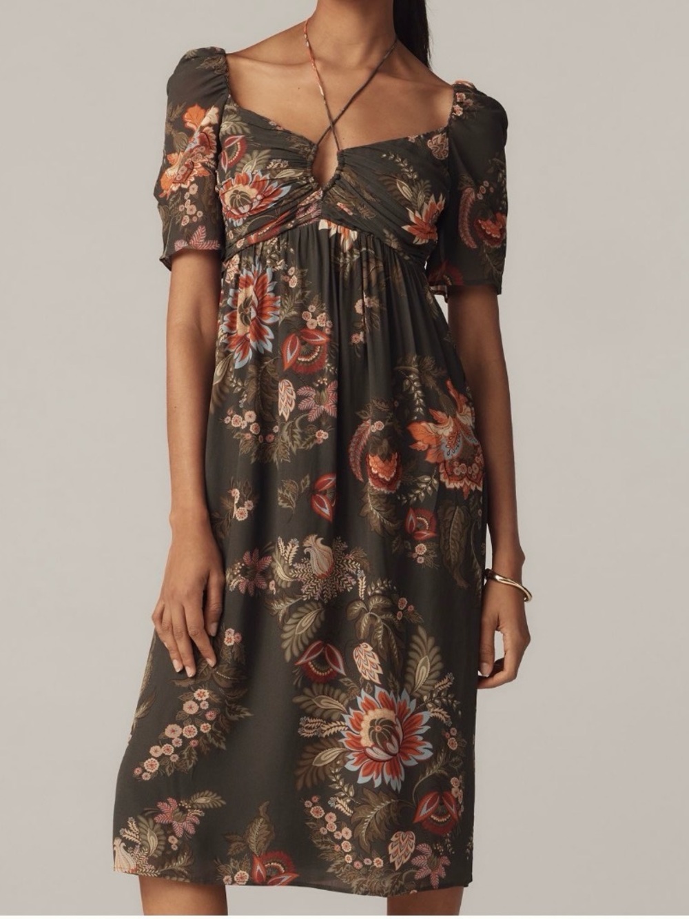 NWOT Anthropologie X Farm Rio XL Olive Fall midi dress
